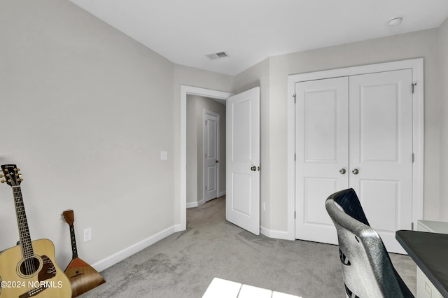 home office featuring light colored carpet