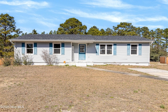 ranch-style home featuring a front yard, crawl space, and roof with shingles