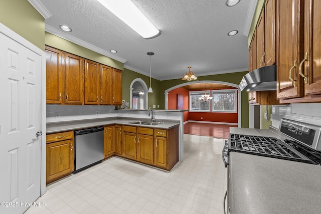 kitchen featuring under cabinet range hood, appliances with stainless steel finishes, a peninsula, arched walkways, and a sink