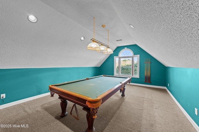 playroom with baseboards, lofted ceiling, carpet, and a textured ceiling