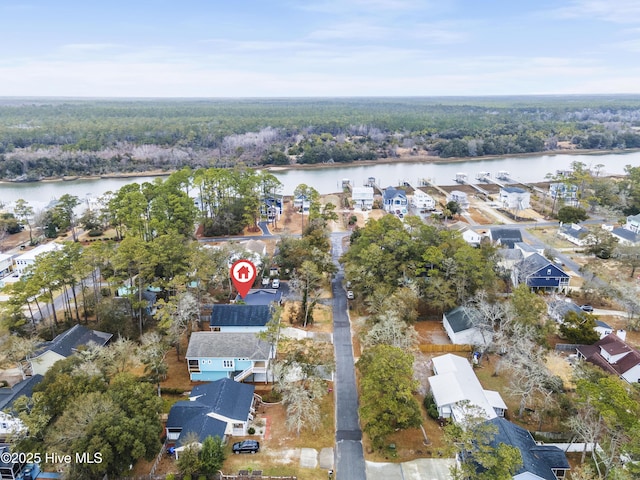 bird's eye view with a water view