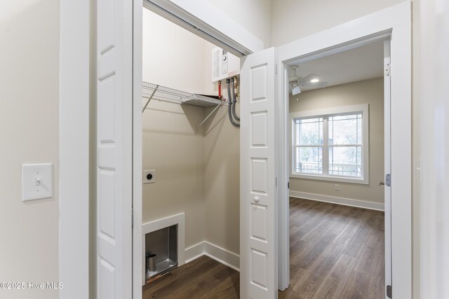 clothes washing area featuring dark wood-type flooring and ceiling fan