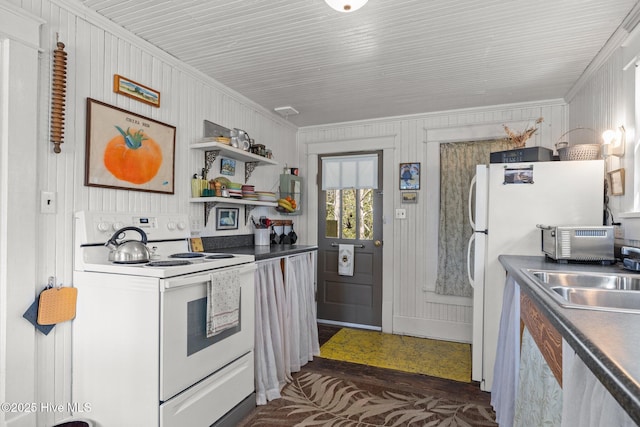 kitchen with ornamental molding, open shelves, a sink, dark countertops, and white electric stove