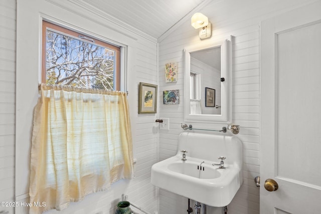 bathroom with a sink, lofted ceiling, and ornamental molding