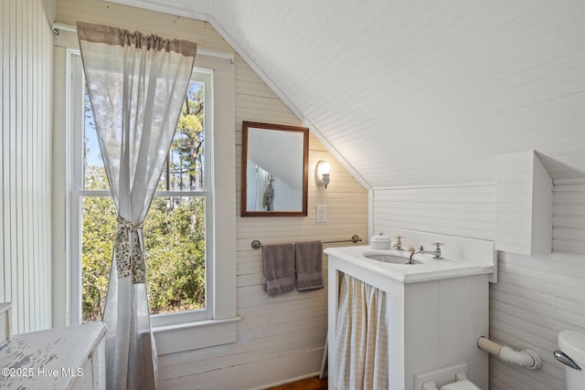 half bathroom with vanity, vaulted ceiling, wooden walls, and toilet