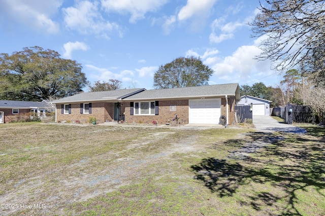 ranch-style home with driveway, a garage, fence, and brick siding