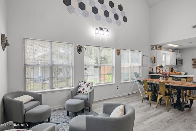 living room with a towering ceiling and light hardwood / wood-style flooring