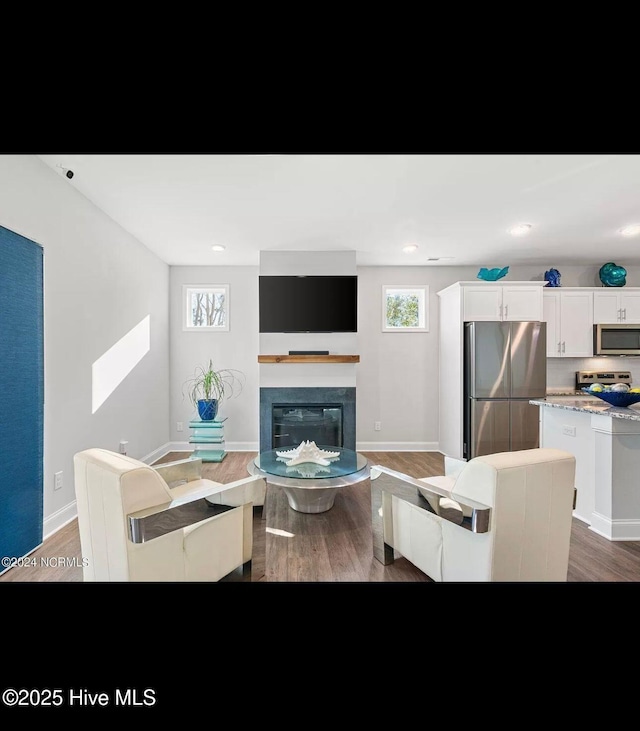 living room with dark hardwood / wood-style flooring