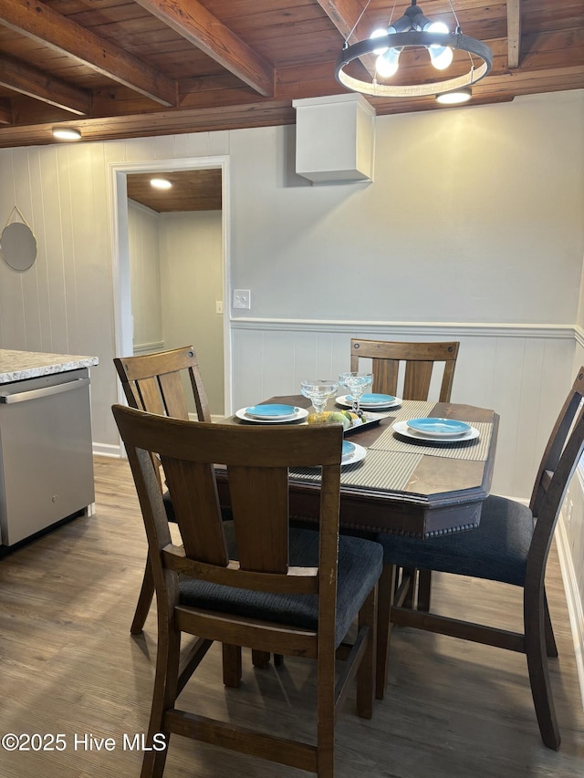 dining area with wood-type flooring, wooden ceiling, and beamed ceiling