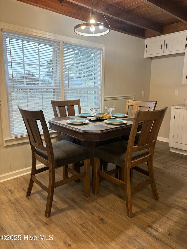 dining space featuring dark hardwood / wood-style flooring, beam ceiling, and wooden ceiling