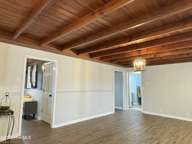 spare room featuring wood ceiling, dark hardwood / wood-style flooring, and beamed ceiling