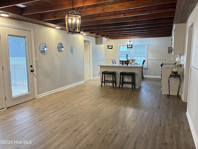 interior space featuring dark hardwood / wood-style flooring, wood ceiling, and a chandelier