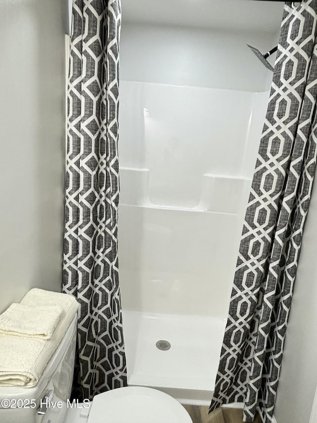 bathroom with a shower and toilet