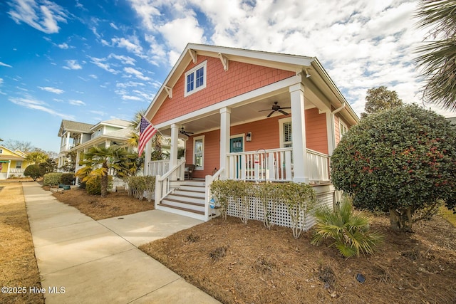 view of front of house with a porch and a ceiling fan