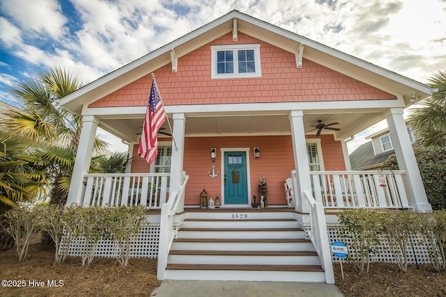 bungalow-style home featuring covered porch and ceiling fan