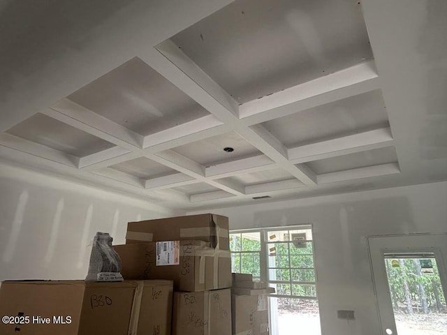 detailed view of coffered ceiling and beam ceiling