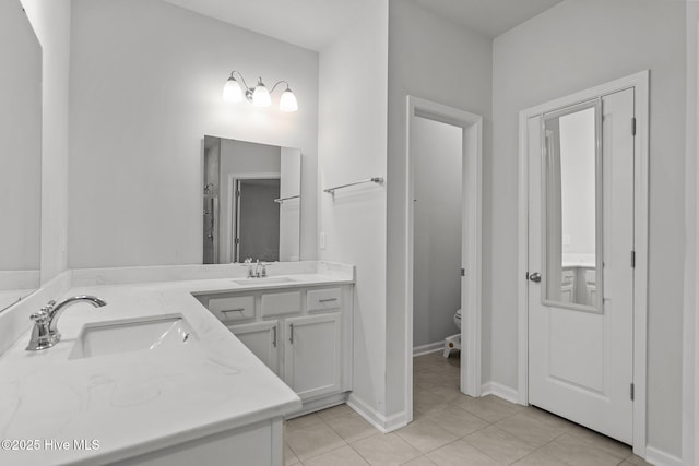 bathroom featuring tile patterned flooring, vanity, and toilet