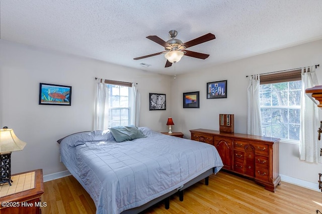 bedroom featuring visible vents, light wood-style flooring, ceiling fan, a textured ceiling, and baseboards