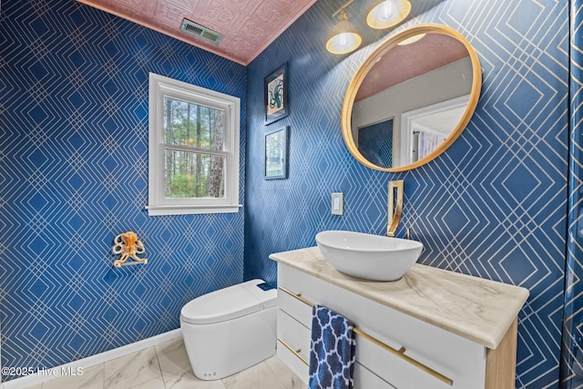 806 Wind Way, New Bern, NC 28560 - bathroom with vanity, marble finish floor, baseboards, and a shower stall