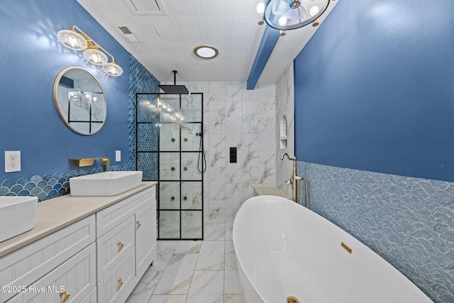806 Wind Way, New Bern, NC 28560 - full bath with double vanity, a sink, marble finish floor, and walk in shower