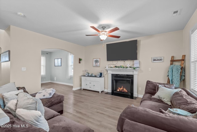 living room featuring ceiling fan and light wood-type flooring