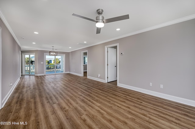 unfurnished living room with crown molding, ceiling fan with notable chandelier, and hardwood / wood-style floors