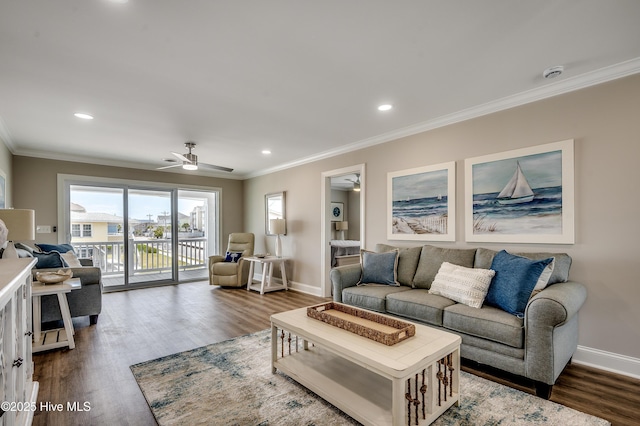 301 43rd Ave N, North Myrtle Beach, SC 29582 - living area with a ceiling fan, crown molding, dark wood-style floors, and baseboards