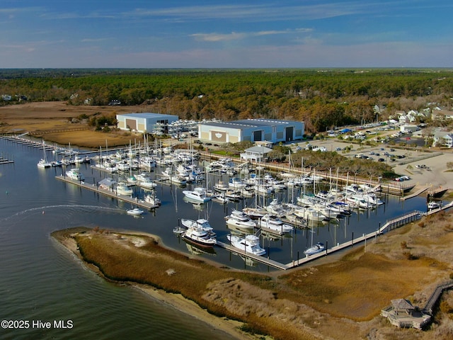 bird's eye view with a water view and a forest view