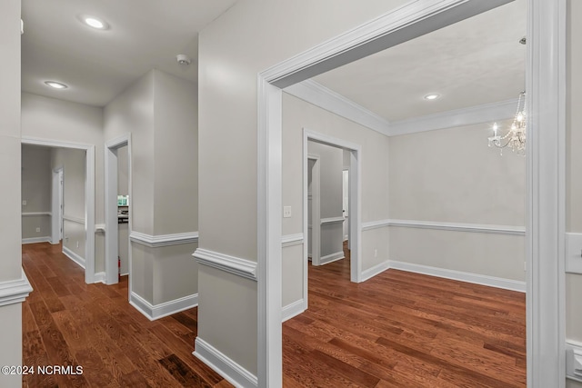 427 Candlewood Dr, Jacksonville, NC 28540 - hallway featuring an inviting chandelier, ornamental molding, and dark hardwood / wood-style flooring