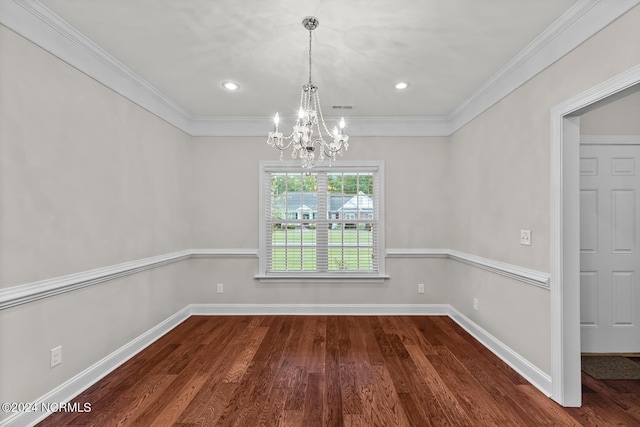 427 Candlewood Dr, Jacksonville, NC 28540 - unfurnished dining area with ornamental molding, dark wood-type flooring, and a notable chandelier