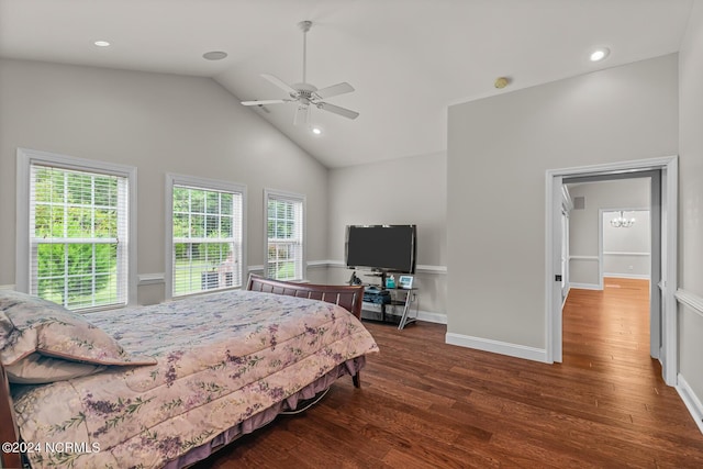 427 Candlewood Dr, Jacksonville, NC 28540 - bedroom featuring vaulted ceiling, dark hardwood / wood-style floors, and ceiling fan with notable chandelier