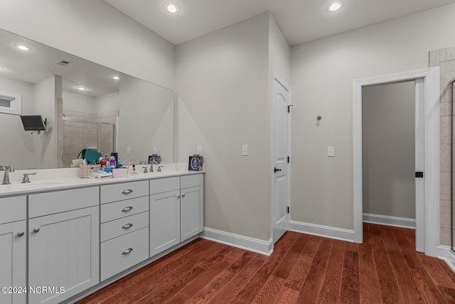 427 Candlewood Dr, Jacksonville, NC 28540 - bathroom with a shower with door, wood-type flooring, and vanity