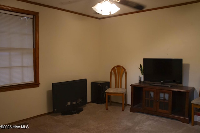 unfurnished room featuring ornamental molding, ceiling fan, and carpet