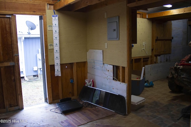 interior space featuring electric panel and wood walls