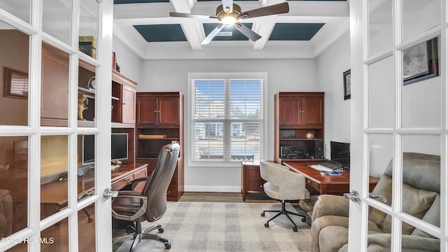 office featuring light wood finished floors, baseboards, french doors, coffered ceiling, and a ceiling fan