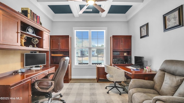 office space with beamed ceiling, a ceiling fan, coffered ceiling, light wood finished floors, and baseboards