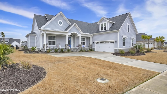 view of front of house with driveway, covered porch, a shingled roof, a front lawn, and a garage