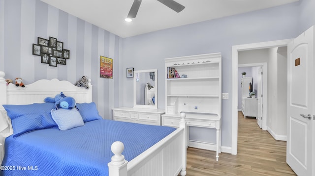 bedroom with wallpapered walls, baseboards, ceiling fan, recessed lighting, and light wood-style flooring