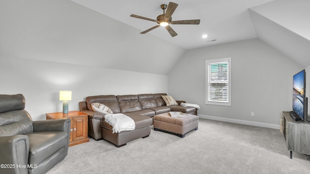 living room with a ceiling fan, baseboards, recessed lighting, vaulted ceiling, and light colored carpet