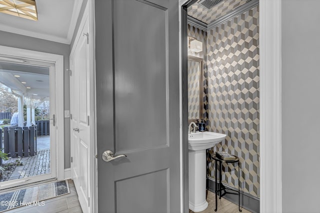 bathroom featuring ornamental molding, a sink, and wood finish floors