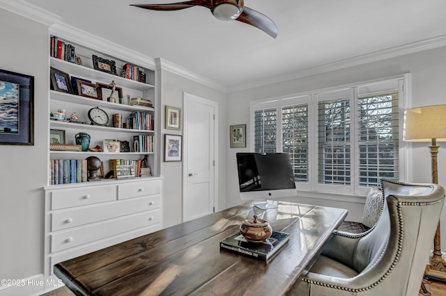 office area with ceiling fan, built in shelves, and ornamental molding