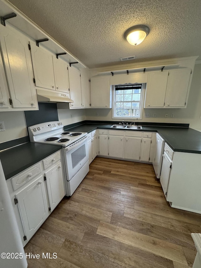 kitchen with hardwood / wood-style floors, sink, white cabinets, white appliances, and a textured ceiling