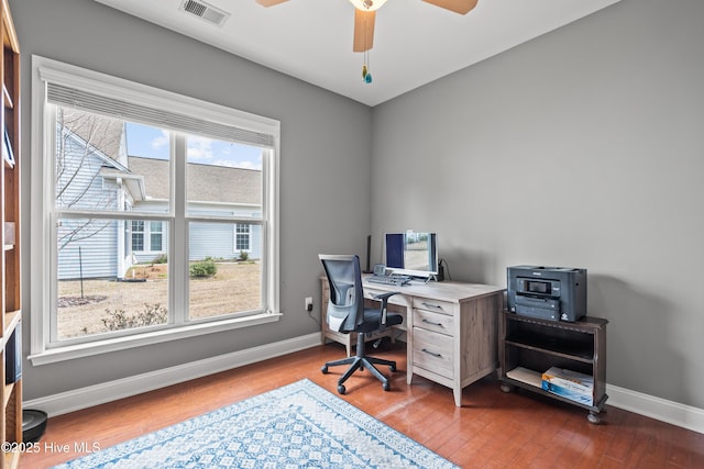 home office with dark wood-style floors, baseboards, visible vents, and a healthy amount of sunlight