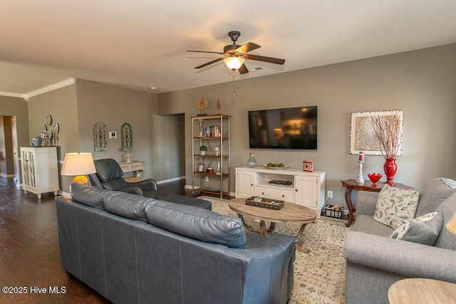 living room featuring ceiling fan and dark hardwood / wood-style flooring