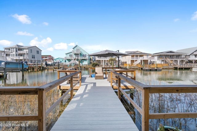 dock area featuring a residential view and a water view