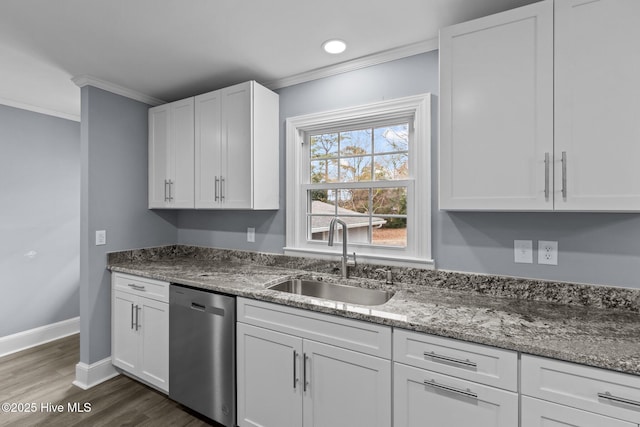 kitchen featuring crown molding, stainless steel dishwasher, sink, and white cabinets