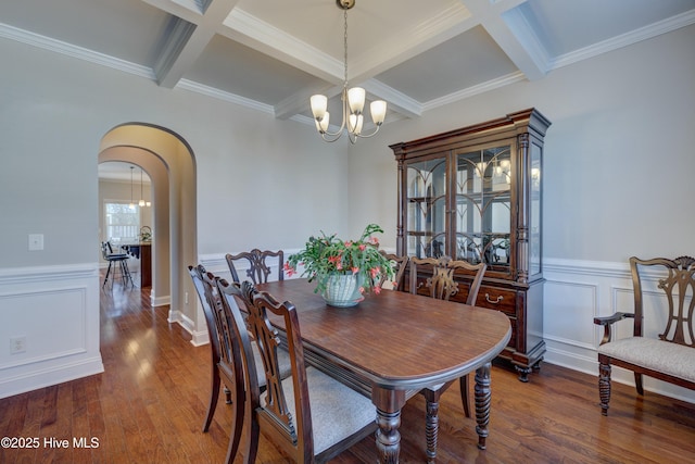 dining area featuring dark wood-type flooring, beamed ceiling, coffered ceiling, and a notable chandelier