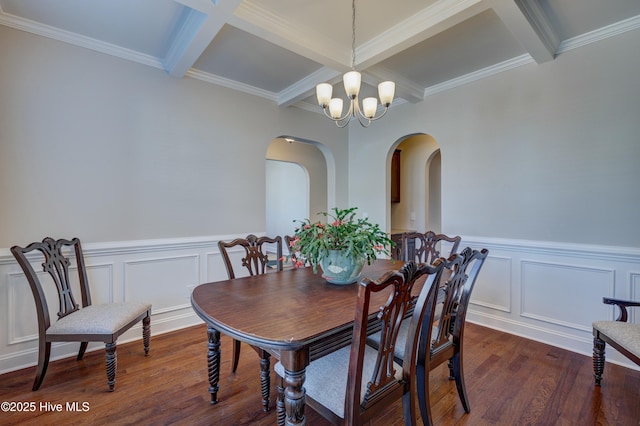 dining space featuring dark hardwood / wood-style flooring, a notable chandelier, beam ceiling, and coffered ceiling