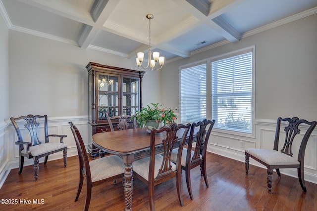 dining area featuring beamed ceiling, coffered ceiling, a notable chandelier, and dark hardwood / wood-style flooring