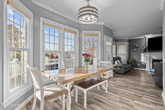 dining room with ornamental molding, a healthy amount of sunlight, a chandelier, and light hardwood / wood-style floors